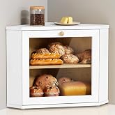 White Corner Bread Box for Kitchen Countertop, Double Layer Large Breadbox | 2 Tier Modern Bread Boxes Storage Container Bin for Sourdough Loaf Counter Top Organizer, Cabinet Pantry Shelf (Bamboo Wood)