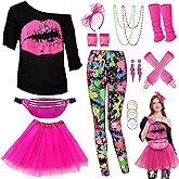 WlLDPARTY 80s Outfit Women Costume Accessories Set, T Shirt Leggings Tutu Skirt Fanny Pack Headband Fishnet Gloves Legwarmers