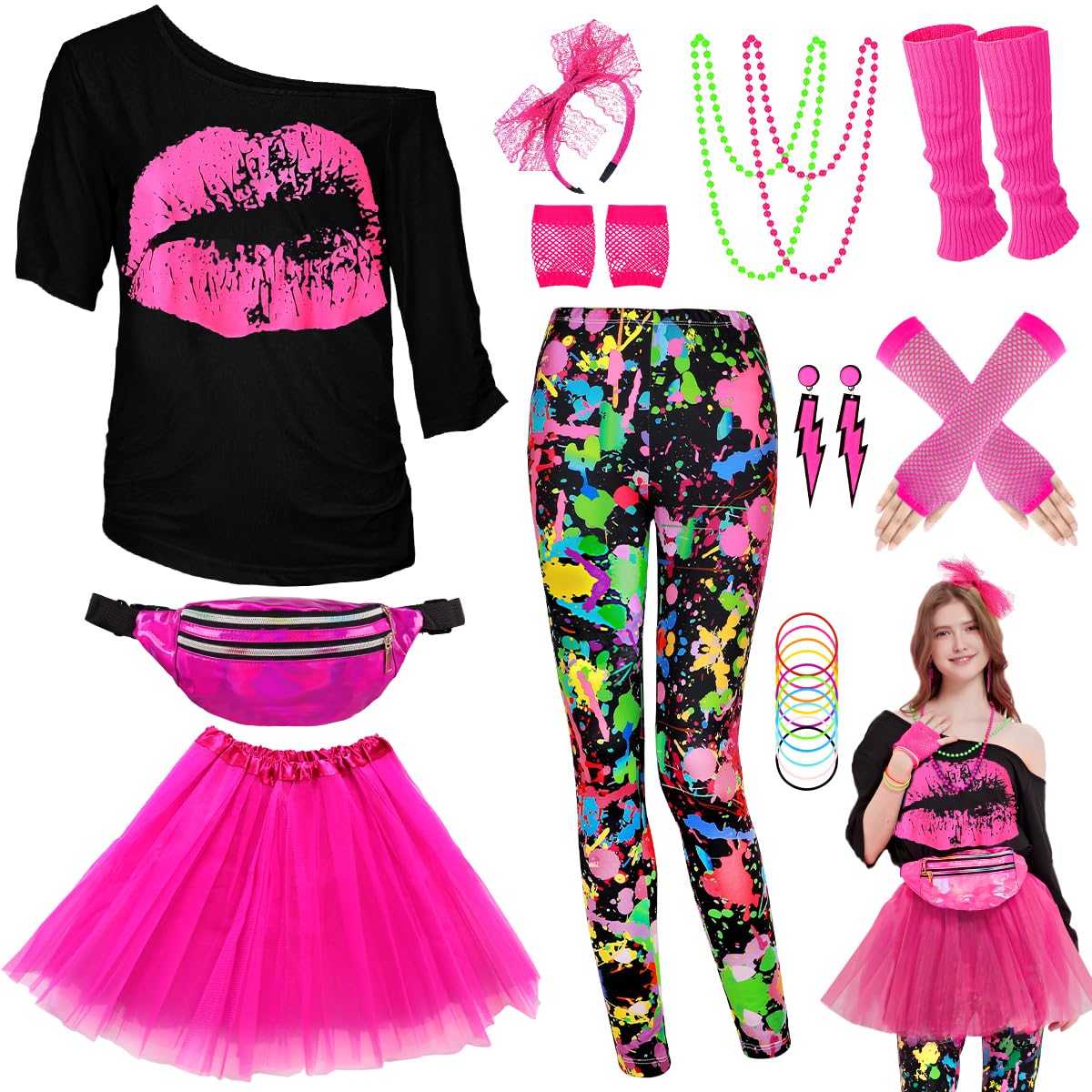 WILDPARTY 80s Fancy Dress For Women, T-shirt, Tutu Skirt, Leggings, Leg Warmers, Necklace, Fishnet Gloves, Neon Costumes Accessories for Retro Theme Party Cosplay