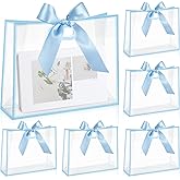 Aliceset 12 Pcs Clear Plastic Gift Bags with Die Cut Handles Reusable Gift Wrapping Bag with Ribbon for Wedding Graduation Bridal Shower Baby Shower, 12 x 10 x 5''(Blue)