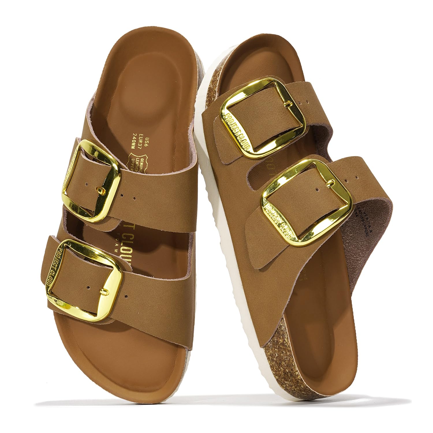 Project Cloud 100% Genuine Leather Flat Sandals for Women 2026 Comfortable Beach Essentials Womens Sandals Memory Foam Vacation Essentials Slides for Women Footwear (Santorini, TANLEATHER,9W) Image