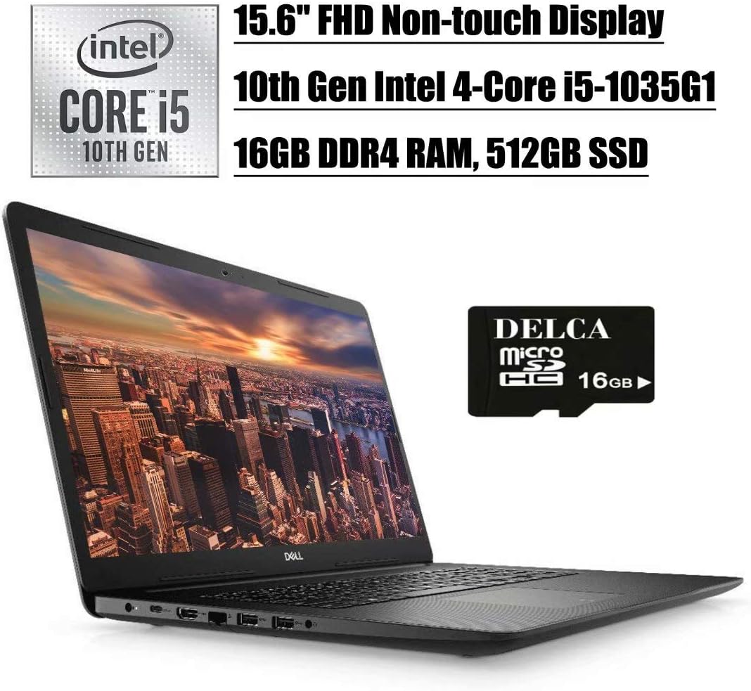 Dell Inspiron 15 3000 3593 Premium 2020 Business Laptop, 15.6" FHD 1080p Non-touch Display, 10th Gen Intel Quad-Core i5-1035G1 (>i7-7500U), 16GB DDR4 512GB SSD, USB-C Win 10 + Delca 16GB Micro SD Card