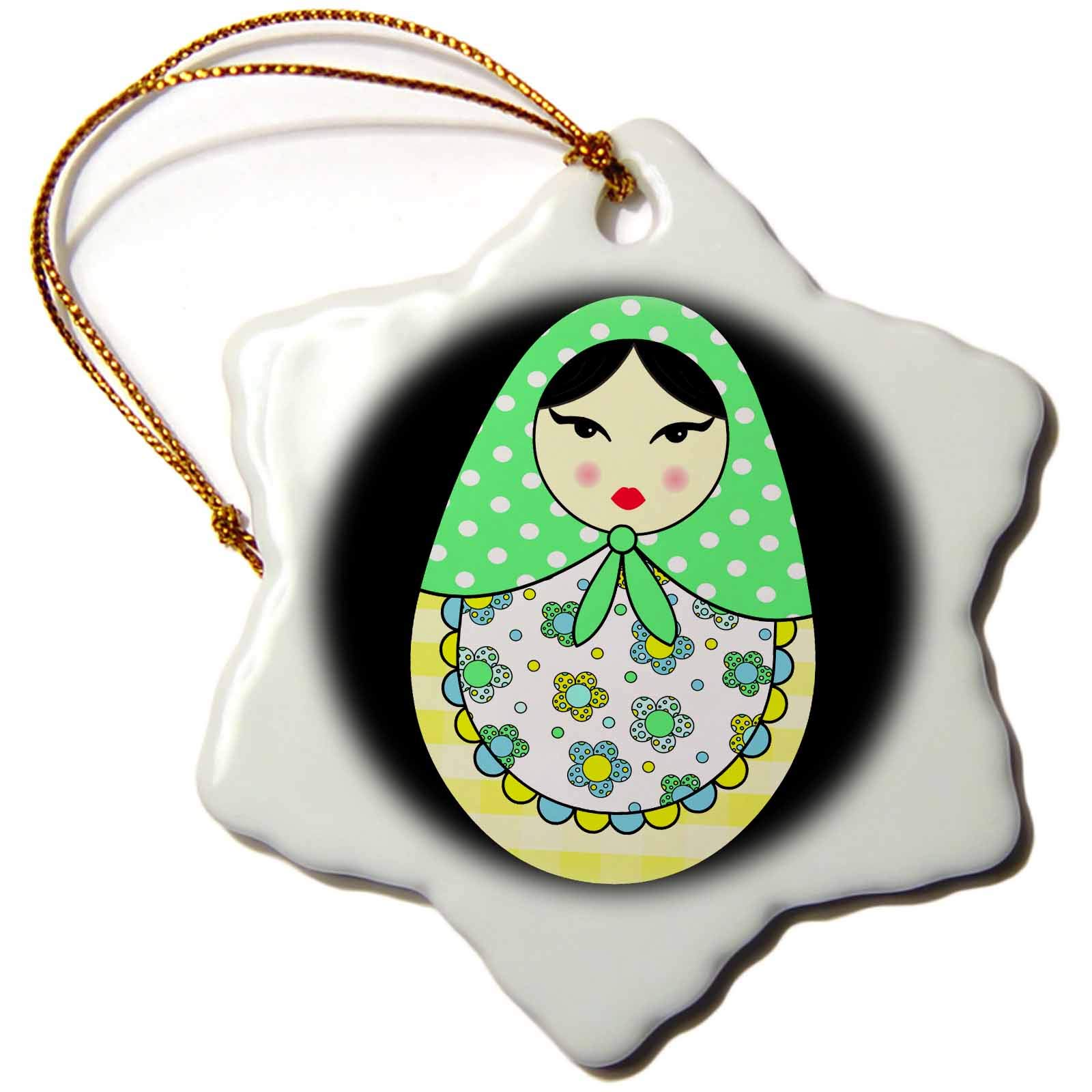 3 inch Snowflake Porcelain Ornament - Cute Russian Matryoshka Nesting Doll Black Hair - Cool Colors Black Designs Dolls
