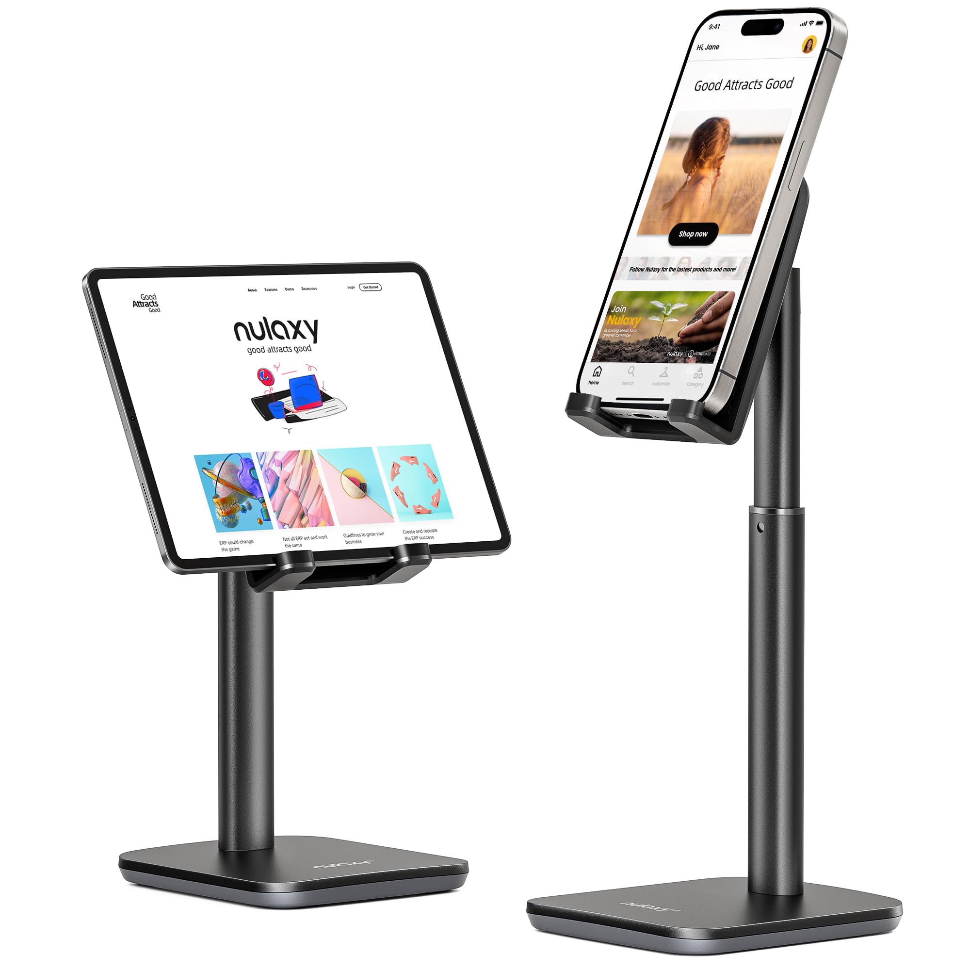 Nulaxy Phone Stand, Height Angle Adjustable Mobile Phone Holder Cradle Dock for Desk, Compatible with iPhone 17 16 15 14 13 12 11 Pro Max Mini Xs Xr X 8 7 6 Plus, All Smartphones (4-8 inches) - Black