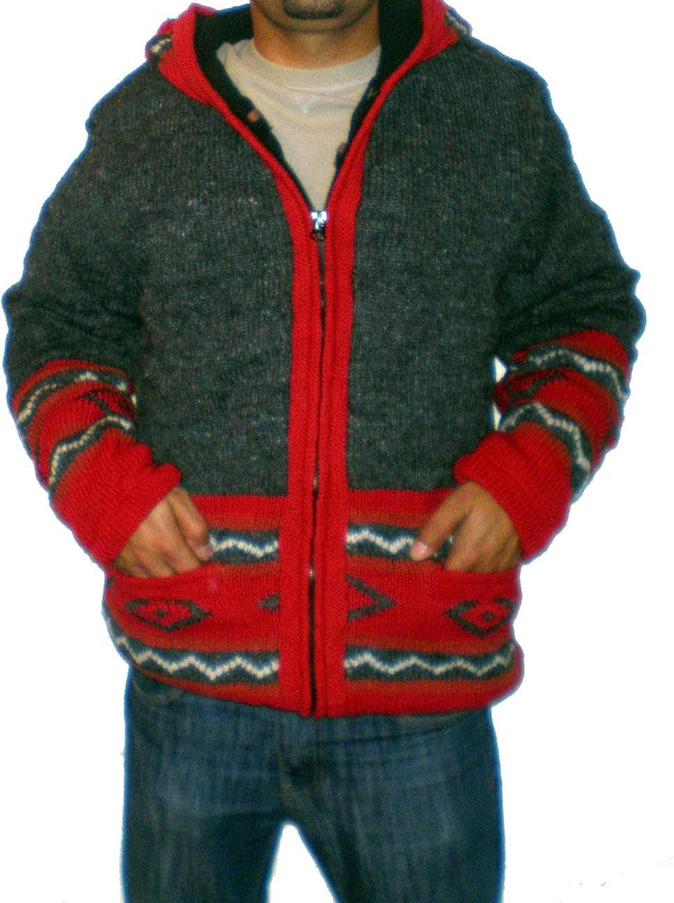 Unbranded (Ethnic) Natural Yak Wool/Fleece Lined Red Grey Hooded Jacket