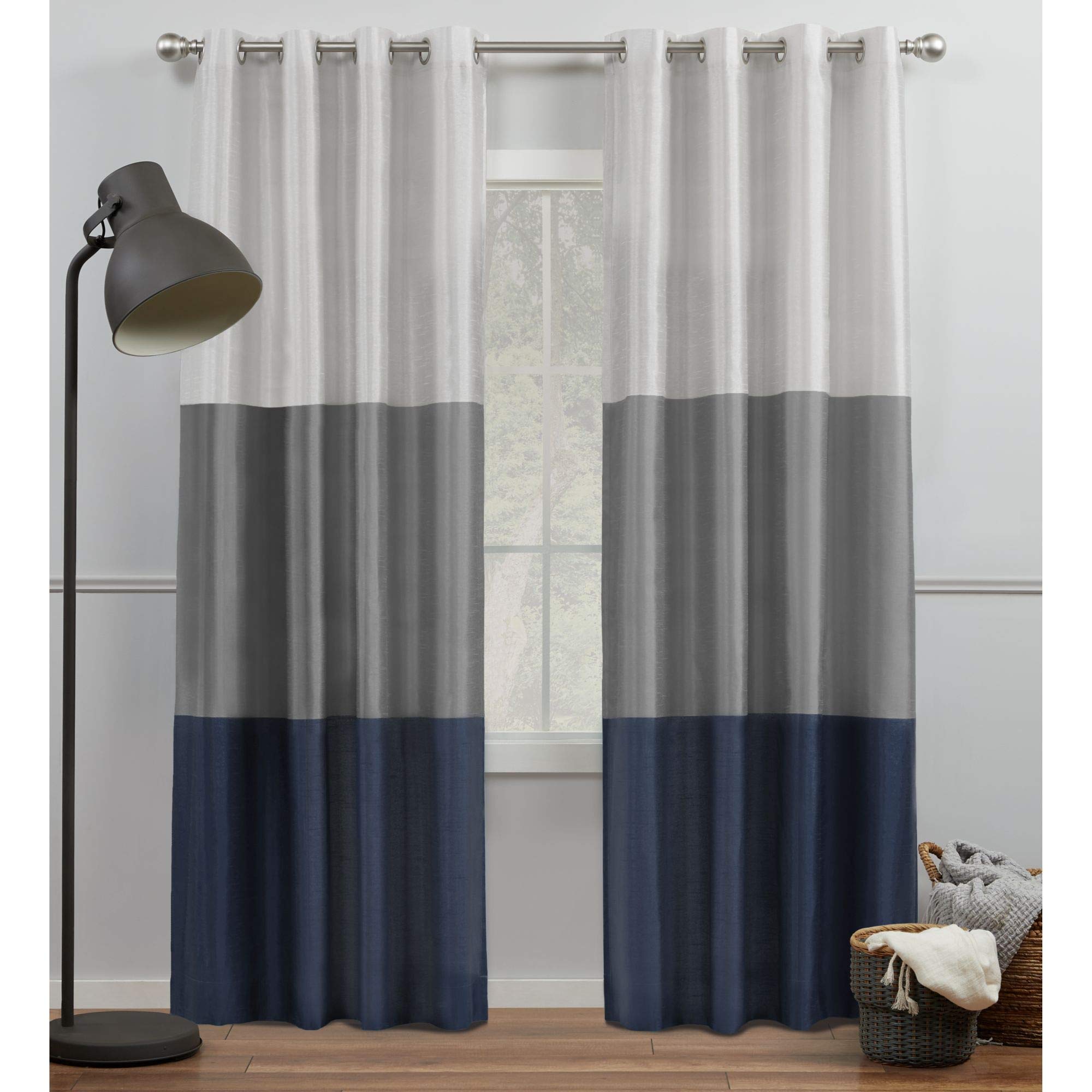 Exclusive Home Curtains Striped Faux Silk Grommet Top Curtain Panel Pair, 100% Polyester, Navy/Grey, 54x84