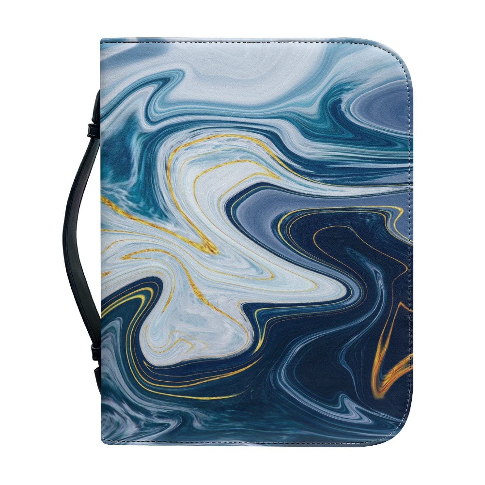 Kuiaobaty Blue Marble Texture Bible Cover with Handle for Men, Fluid Art Notebook Cover Faux Leather Slashproof Carrying Book Case