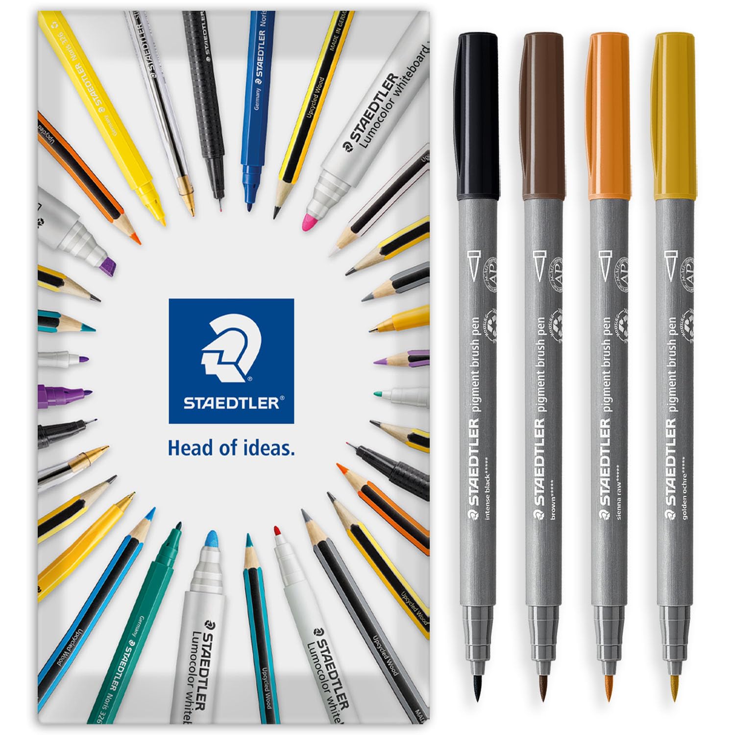 STAEDTLER 371 Pigment Brush Pens | Pigment Arts | Adult Colouring Fibre-Tip Colouring Pen | Medium-Firm Nylon Brush Tip Nib (Sepia Wallet of 4)