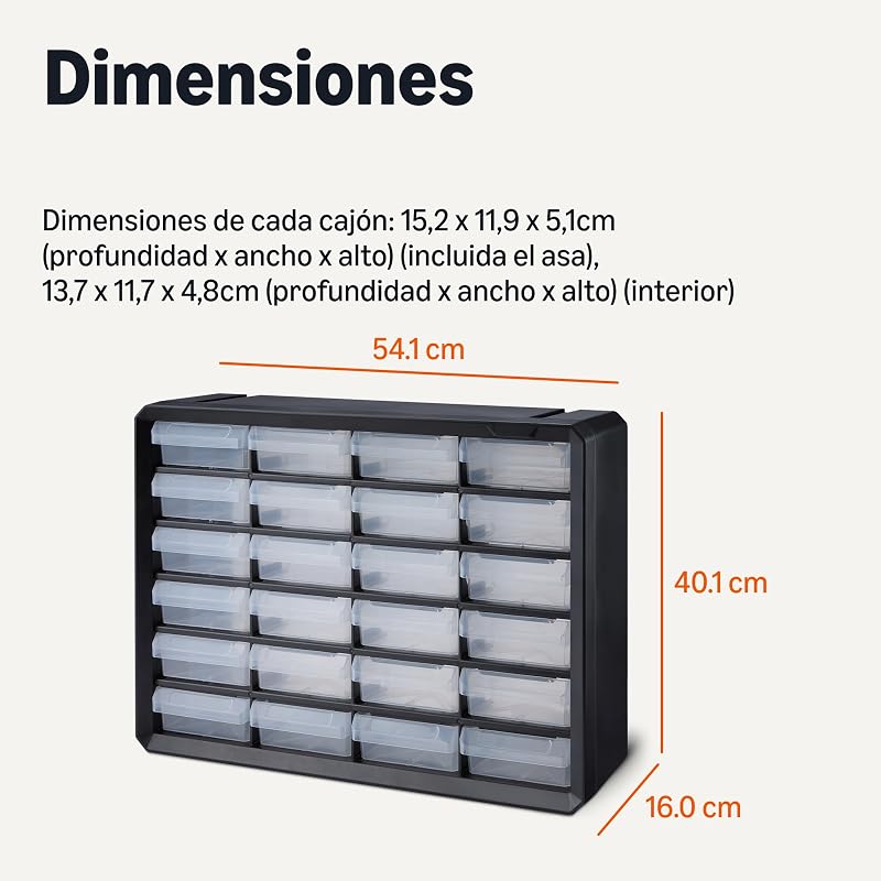 Unidade de gavetas organizadoras, 24 compartimentos de plástico com divisórias para escritório/trabalhos manuais/ferramentas, montagem de parede, 16 x 54,1 x 40,1 cm, preto