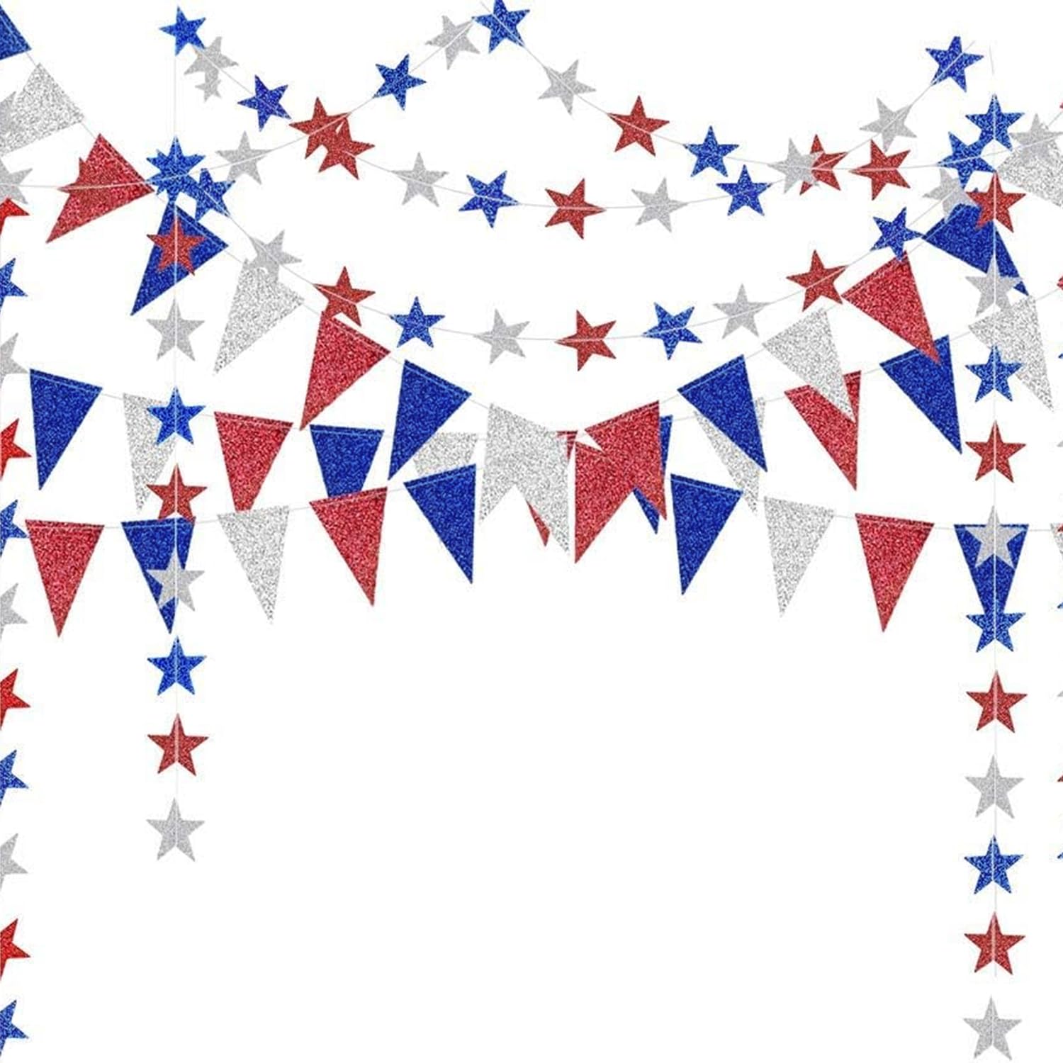Decor365 Red Blue White/Silver Star Garland Triangle Pennant Banner Kit 4th/Fourth of July USA America Independent Day Celebration Decor Party Hanging Decoration for Bithday/Wedding/Home/Cavinal/Home