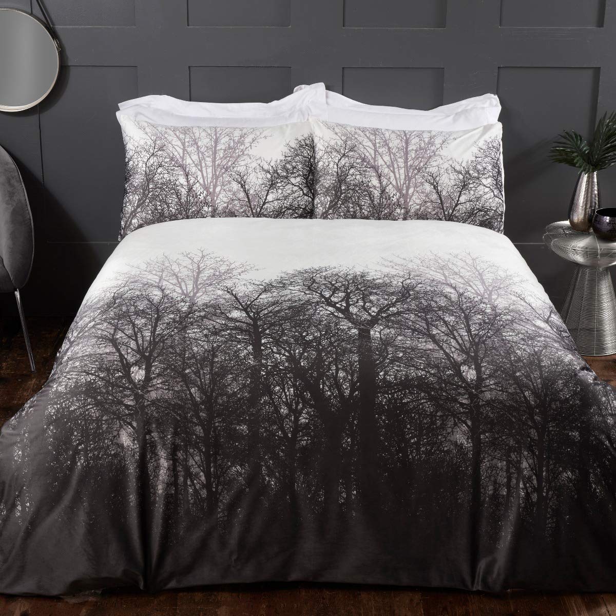 Sleepdown Forest Trees Serene Scene Printed Soft Cosy Velvet White Charcoal Grey Duvet Cover Quilt Bedding Set with Pillowcases - King (220cm x 230cm)