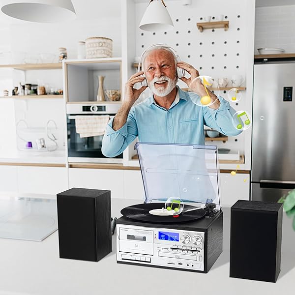 MUSITREND 10 IN 1 RECORD PLAYER WITH EXTERNAL SPEAKERS, 3 SPEEDTURNTABLE WITH AM/FM RADIO, CD & CASSETTE PLAYER, BLUETOOTH, USB/SD PLAYBACK, REMOTE CONTROL, BLACK