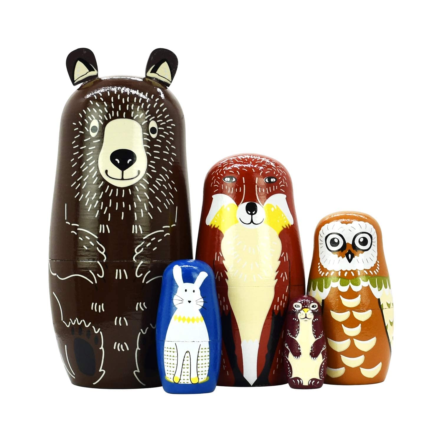 Russian Nesting Dolls- Bear Wooden Matryoshka Dolls for Kids Handmade Cute Cartoon Animals Pattern Nesting Doll Toy Stacking Doll Set of 5
