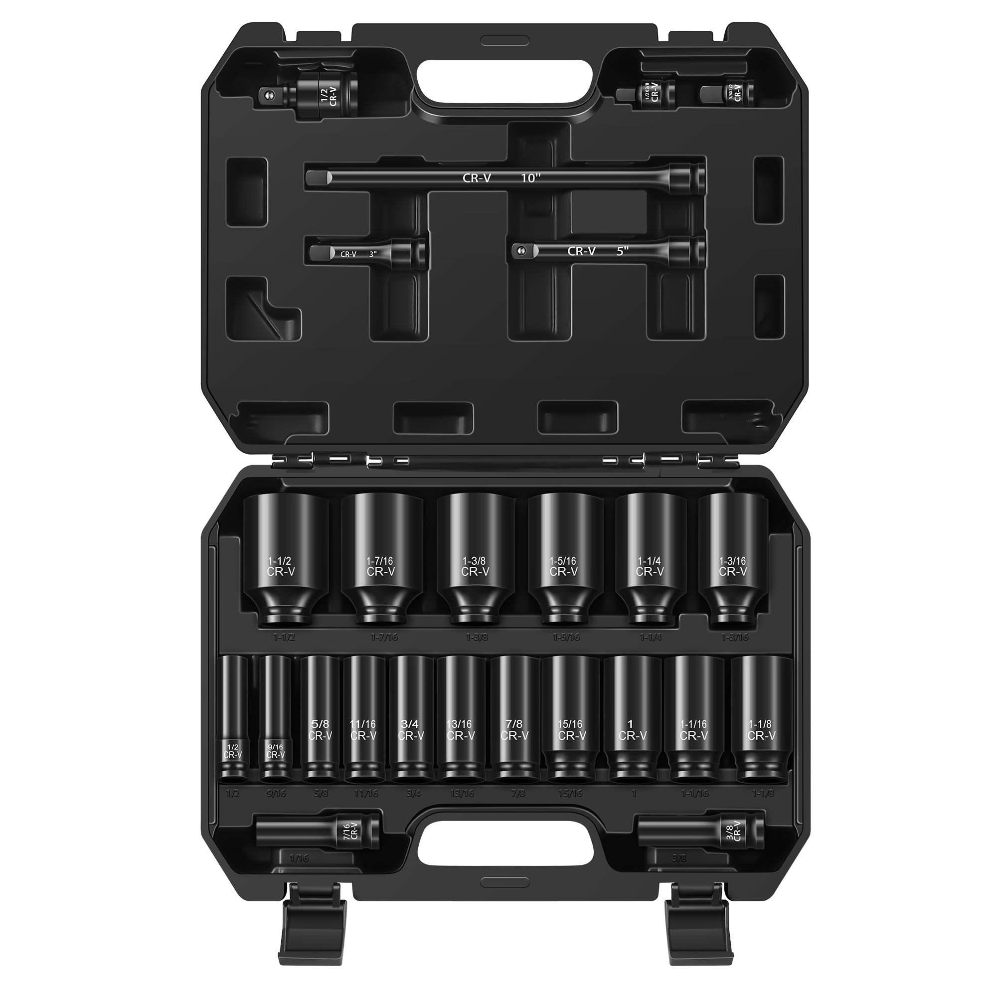 Reniteco 25-Piece 1/2" Drive Socket Set, SAE (3/8"- 1-1/2"), Deep Sockets, Extension Bars, 1/2" F to 3/8" M Reducer,3/8" F to 1/2" M Reducer, Universal Joint, 6 Point Design, Cr-V Image