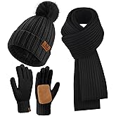 Uerymit Womens Winter Beanie Hat Scarf Gloves Set Warm Knit Beanie with Pom Pom Long Scarf Touchscreen Gloves 3 in 1 Set