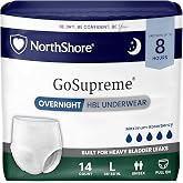 NorthShore GoSupreme 8-Hour Overnight Underwear, White, Large, 14 Count | Pull-Up Style Incontinence Underwear for Men, Women &amp; Teens, Overnight Heavy Bladder Leaks (HBL), Fits Waists 36-48 inches