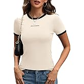 DCCISU Women's Crewneck Short Sleeve T Shirts Summer Letter Print Slim Fit Ribbed Basic Tee Tops