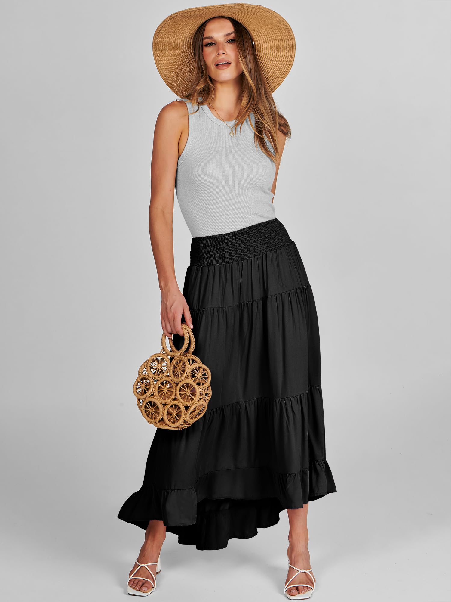 ANRABESS Women Summer Maxi Skirt Elastic High Waist Flowy Boho Casual Tiered Aline Long Beach Skirts 2025 Trendy Outfits