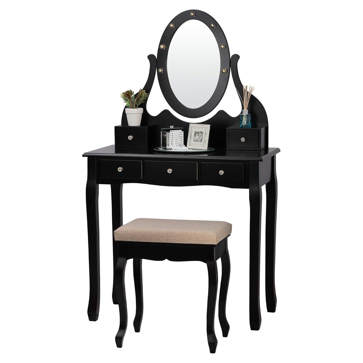 Fineboard Fb Vt31 Bk Vanity Table Set With Led Mirror And Stool With 5 Drawers Black Kitchen Dining Cjp Org In