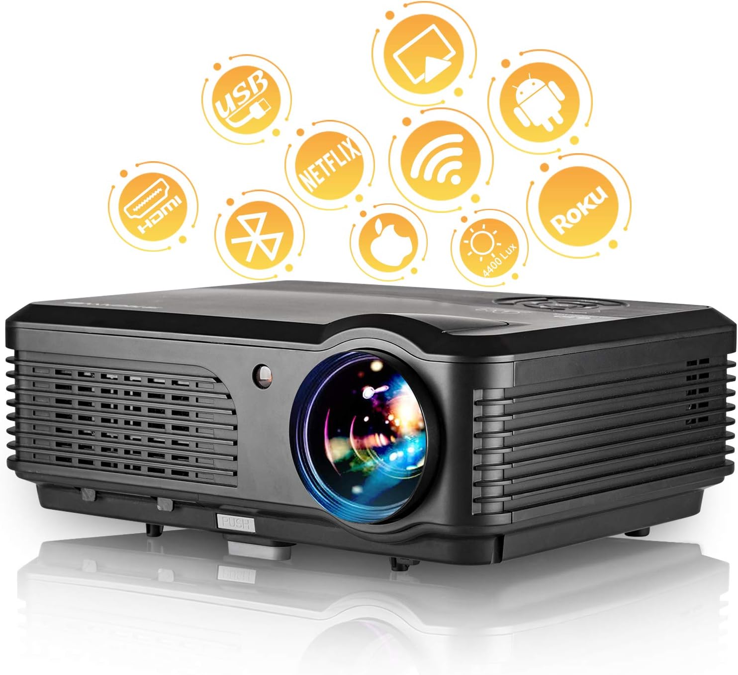 HD Video Projector Bluetooth WIFI Projector for Home Cinema Backyard Movie Game, 200 Inch Smart LED Projector with Speaker Zoom for iPhone Laptop DVD Player, HDMI VGA AV Cable Included