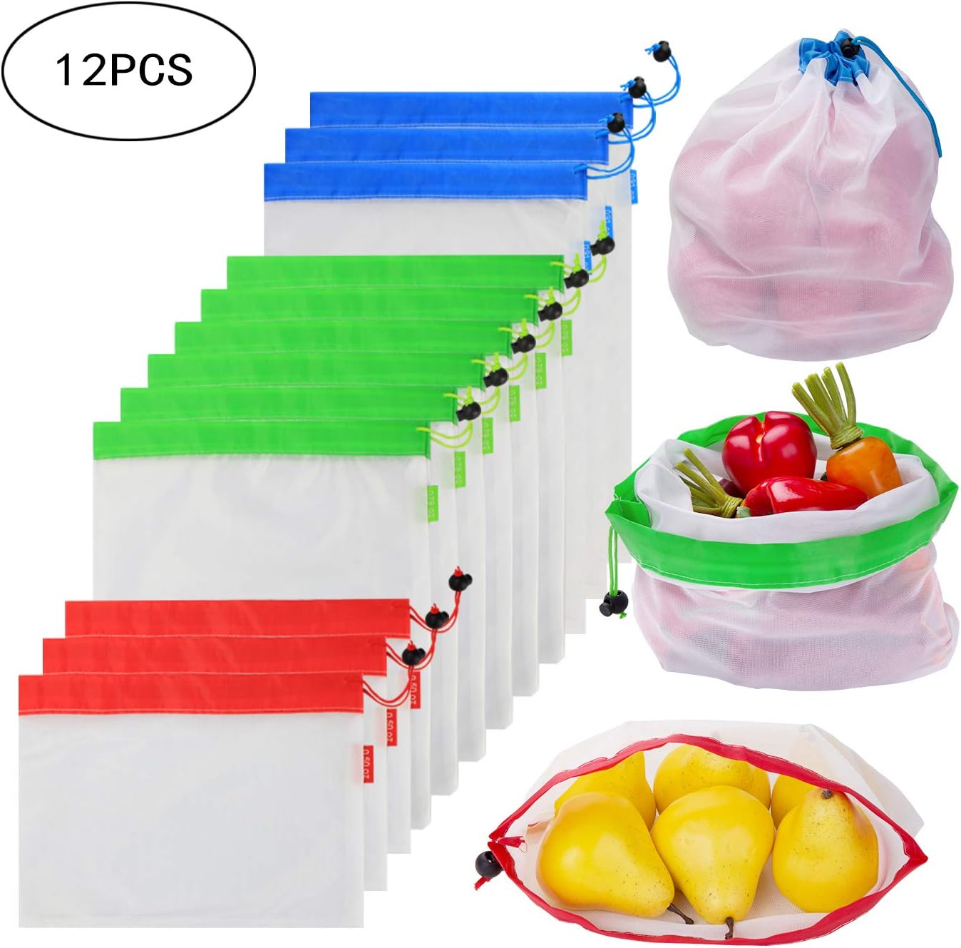Reusable Mesh Produce Bags, Set of 12 Premium Washable Eco Friendly