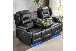 SAMERY Power Loveseat Recliner Sofa with Adjustable Split Back, Multi-Port Charger, Flip-Up Backrest & LED Lighting - Home Theater Seating with Storage, Cup Holders, Black Faux Leather Loveseat