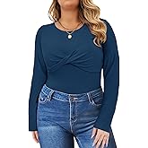AlvaQ Plus Size Tops for Women 2025 Fall Crewneck Twist Front Long Sleeve Shirts Casual Slim Fit Basic Tees Outfits L-4X