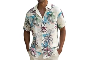 Mens Tropical Beach Vacation Shirts Hawaiian Short Sleeve Button Down T-Shirt Graphic Print Oversized Summer Party Tops