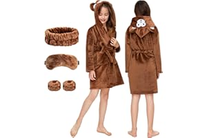 EPLAZA Girls Boys Fleece Robe with Eyemask Hairband wrist towels Kids Hooded Plush Lightweight Bathrobe Sleepwear