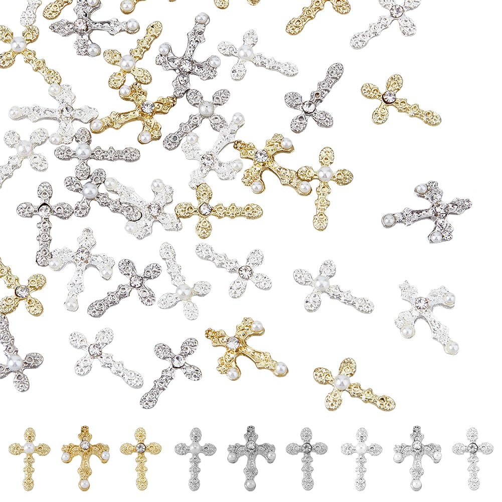 HOBBIESAY 54Pcs 9 Style Zinc Alloy Rhinestone Cabochons Charm Cross Nail Art Decoration Accessories 3D Metal Chain Buckle Nail Charms for Women DIY Beautiful Jewelry Cellphone Crafts