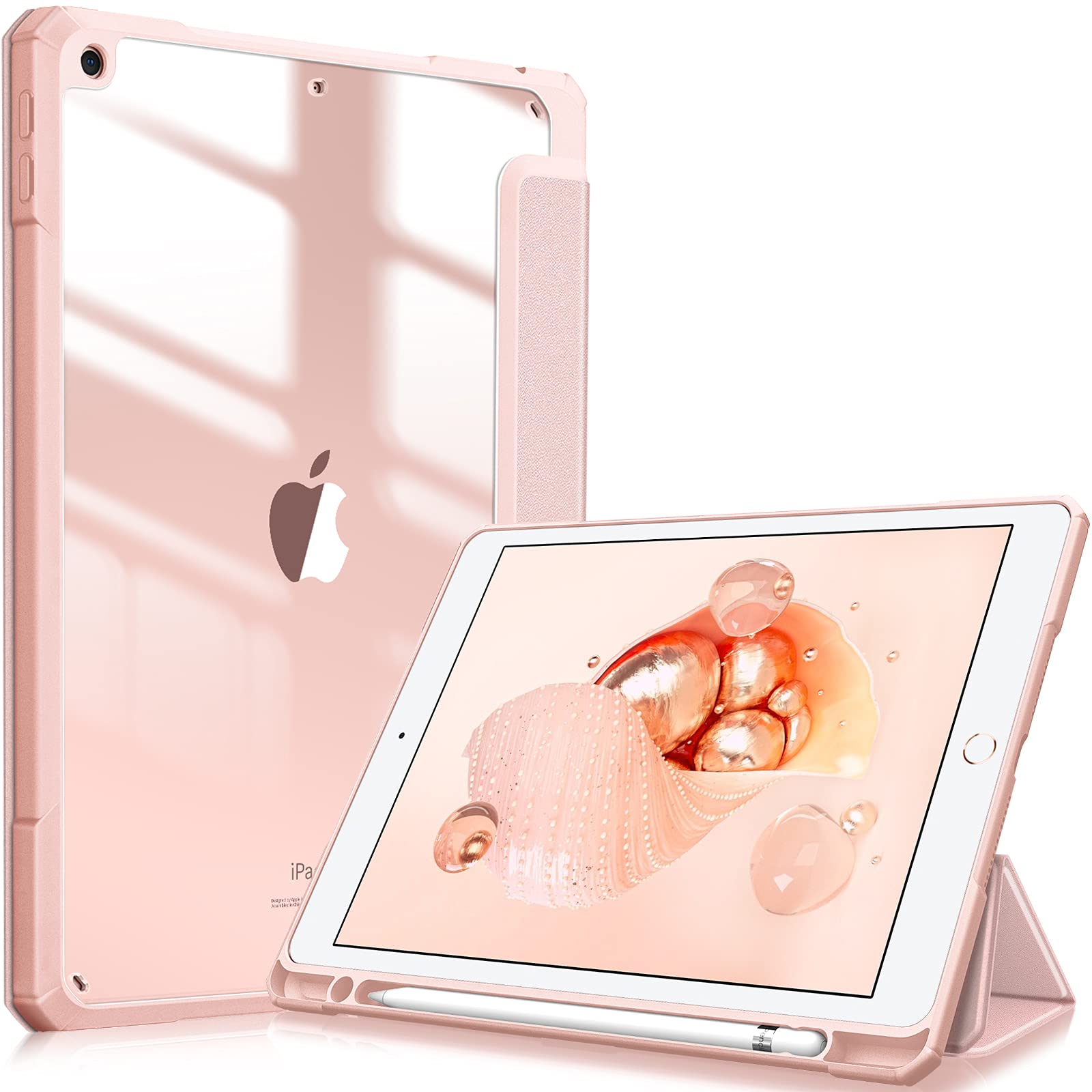 FINTIE Hybrid Case Compatible with iPad 9th / 8th / 7th Generation (2021/2020/2019) 10.2 inch - Shockproof Cover with Clear Back Shell w/Pencil Holder, Auto Wake/Sleep, Rose Gold