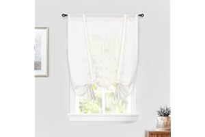 DriftAway Solid Color Linen Sheer Voile Tie Up Decorative Curtains Adjustable Balloon Rod Pocket Roman Curtains for Small Windows 25 Inch by 47 Inch Light Linen