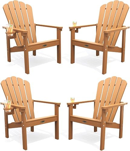 THOEOE Stackable Adirondack Chair Set of 4, All-Weather HDPE Fire Pit Chair | Heavy Duty Plastic Outdoor Fire Pit Chairs Set of 4, Durable and Space Saving, with Cup Holder, Wide Seat, Wood
