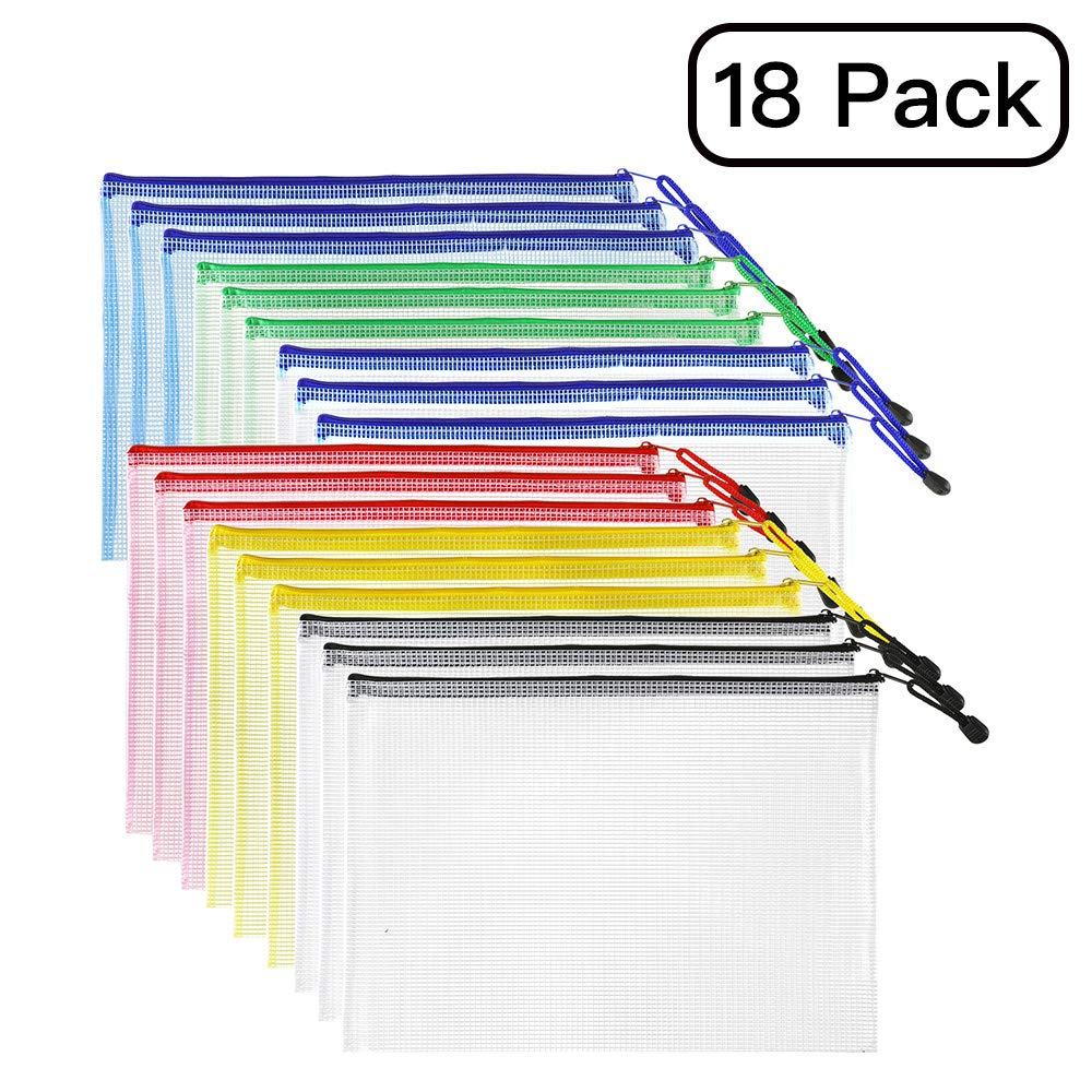SUNEE A4 Size Zipper File Bags 6 Colors, Plastic Zippered Pouch Storage Bag with Lifting Ring, PVC Zip File Folders Water Resistant for Business Travel School Office Use (18 Pack)