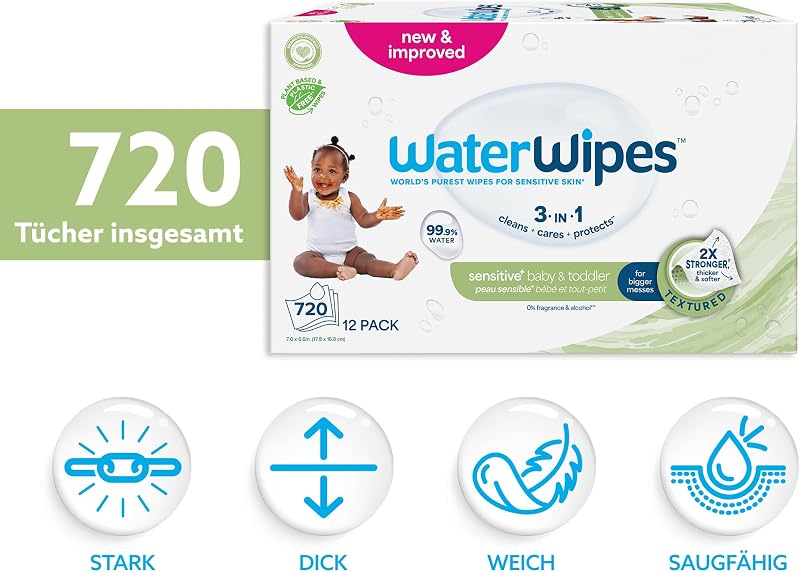 Sensitive+ Baby & Toddler Wipes, 99,9% Wasser, 12 Pack