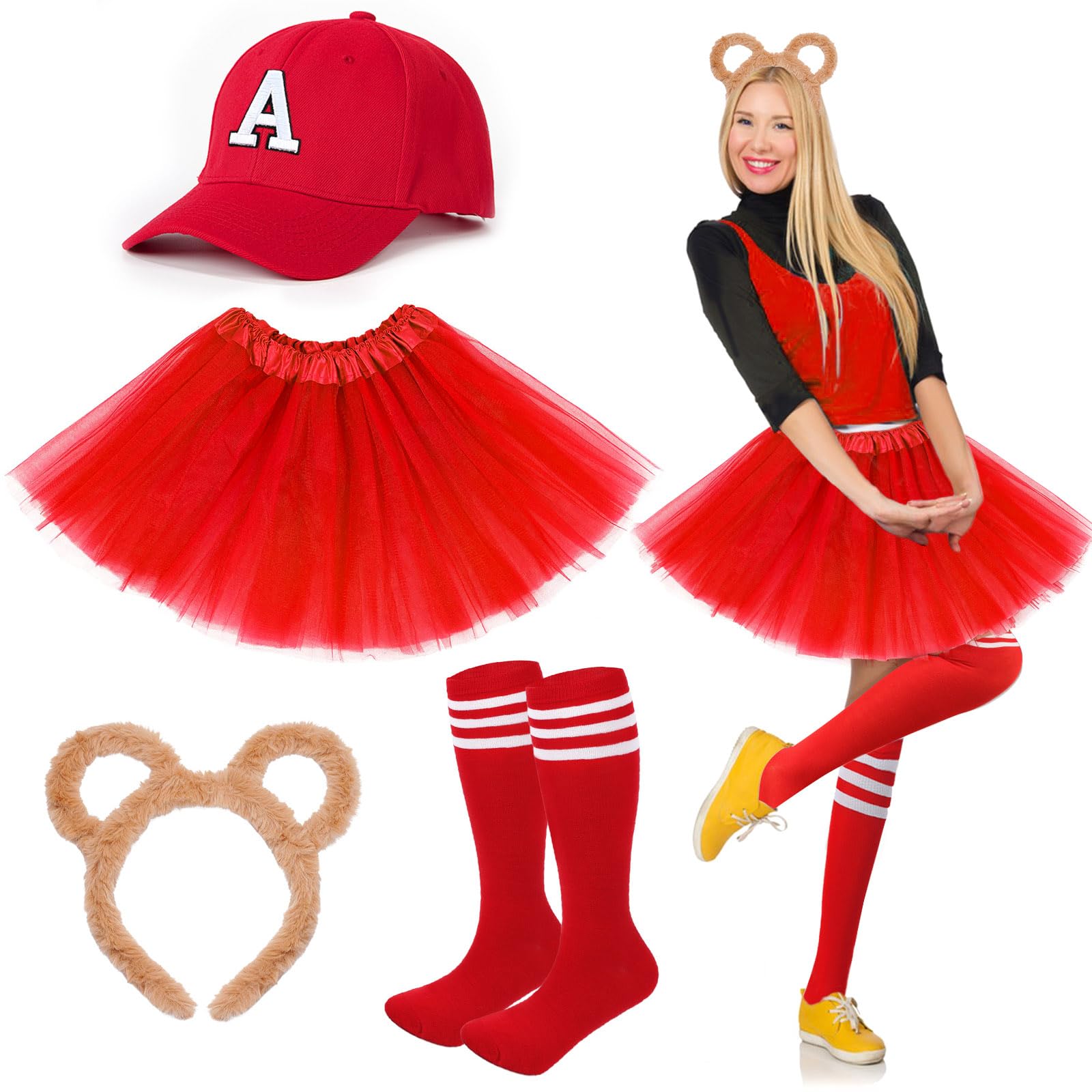 UxClishe 4 Pcs Chipmunk Costume Set, Chipmunk Fancy Dress Outfit with Tutu Skirt Headband Socks Hat Chipmunk Accessories for Women Cosplay-Red