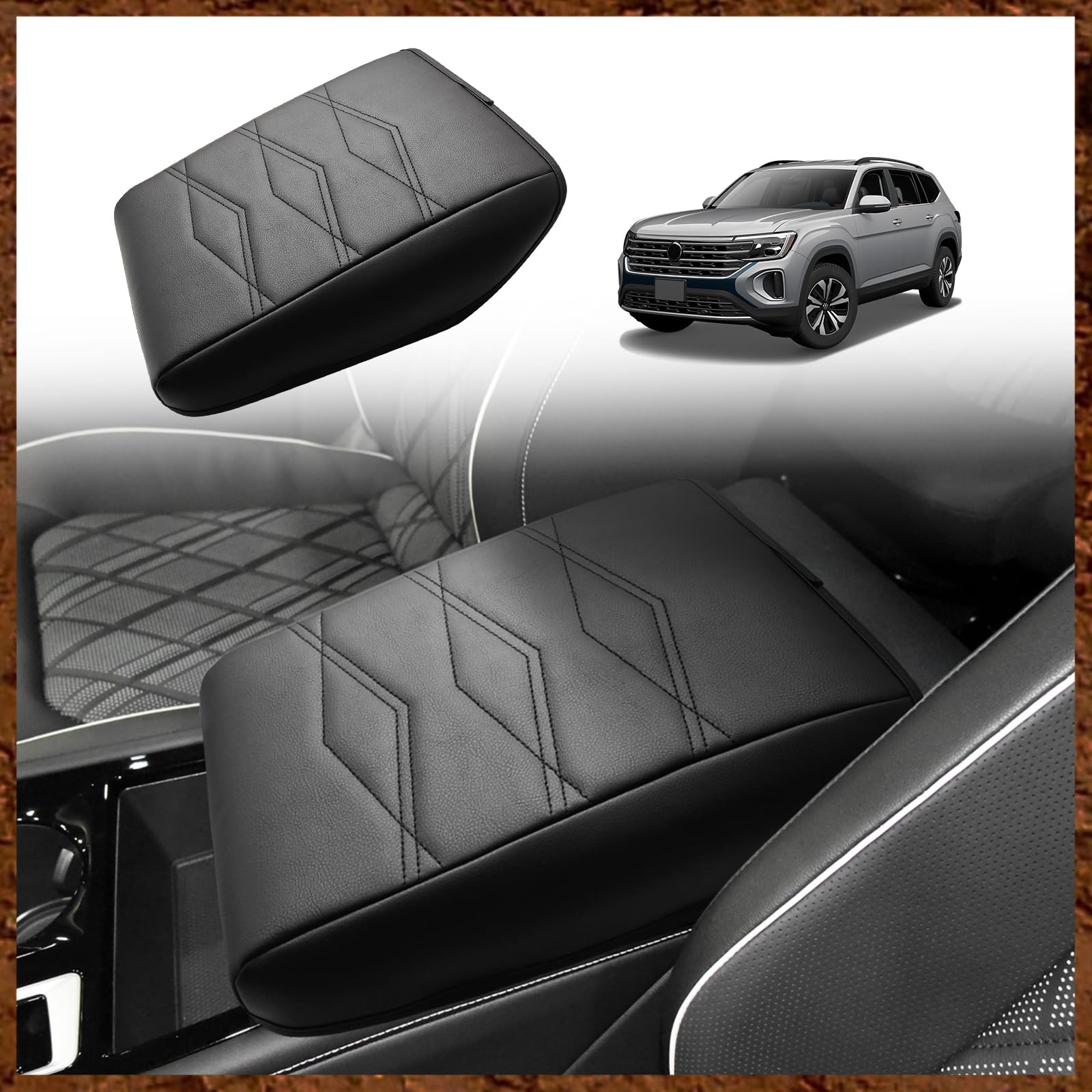 Muslogy Center Console Armrest Cover Fit for Volkswagen Atlas & Cross Sport 2024-2026 Accessories, Comfort Armrest Pad Console Lid Cushion Vegan Leather Regular Thick (V1_Black)