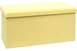 PINPLUS Folding Storage Ottoman Bench, Upholstered Sherpa Ottoman Storage Bench, Yellow Large Storage Chest Footrest Stool wi