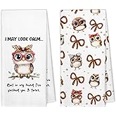 XBBMGG Funny Owl Kitchen Towels Set of 2, Cute Owl with Leopard Print Bow Dish Hand Tea Towels, Animal Gifts for Bird Lovers Women, I May Look Calm Decorative Towel for Bathroom Kitchen,16x24 Inch