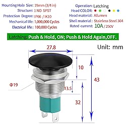ZJWZJH 10Amps 19mm Latching Mushroom Head Push