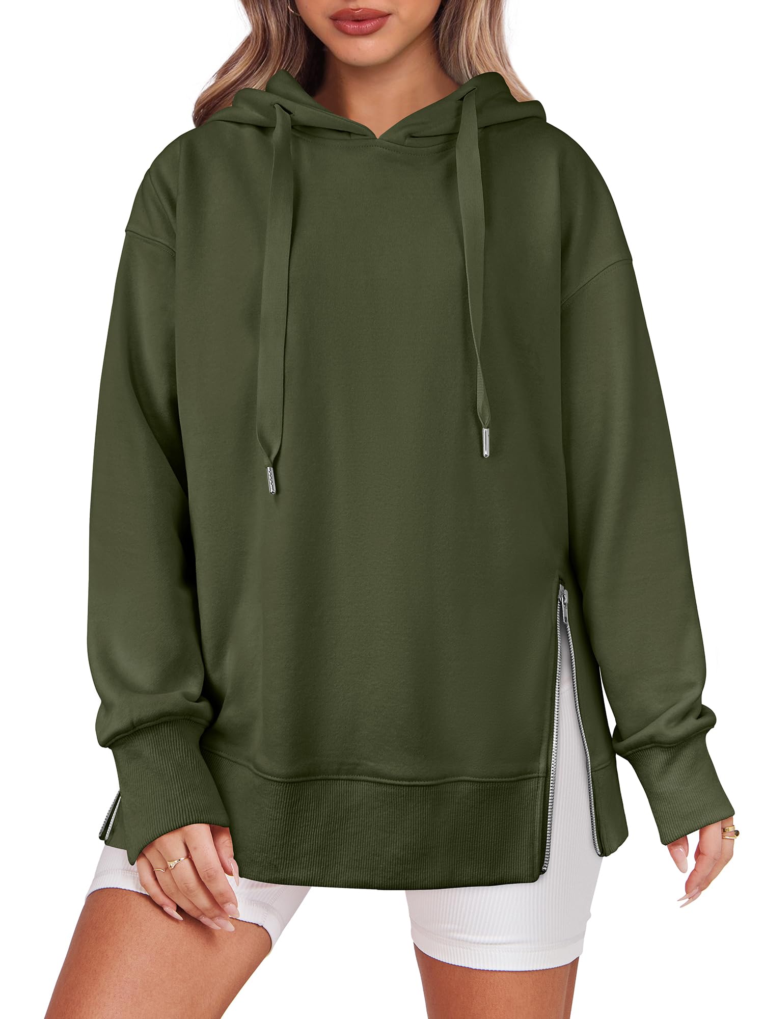 Photo 1 of ANRABESS Women Oversized Hoodies Side Zipper Fleece Long Sweatshirts Lightweight Tunic Pullover 2025 Fall Trendy Clothes Amry Green XX-Large