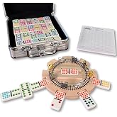 RNK Gaming Mexican Train Dominoes Set Double 15 Color Dots | Wooden Hub, 8 Metal Trains, Aluminum Case