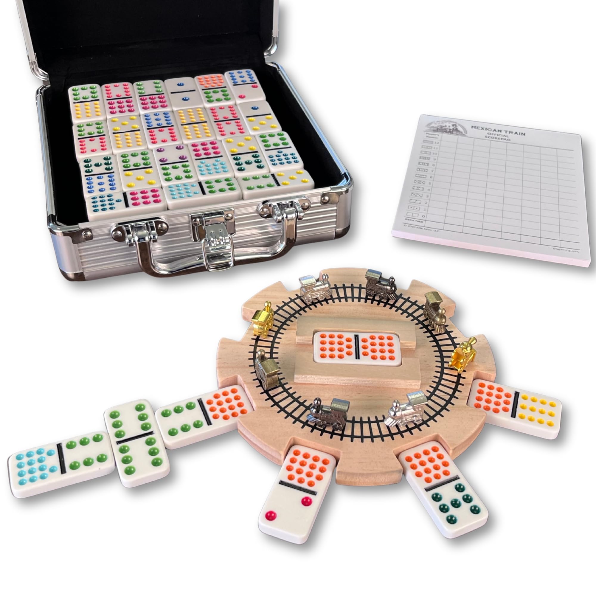 Photo 1 of *MISSING PARTS - See Clerk Notes*
RNK Gaming Mexican Train Wooden Hub 8 Metal Trains and Aluminum Case