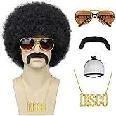 Yargel Hair Mens Afro Wigs for 70s Rocker Disco Party 5pcs Set (Wig+ Glasses+ Disco Necklace+ Mustache+ Wig Cap) Afro Puff Wigs for 70s 80s Halloween Costume Cosplay Party Use (Black)