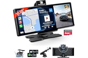 TECXERLLON 10.26'' Wireless Carplay Screen for Car with 4K Dash Cam & 1080P Backup Camera, Portable Car Audio Receivers with Carplay & Android Auto, GPS Navigation, Airplay, Mirror Link