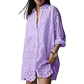 CHARTOU Women Eyelet Lace Dress Button Down Shirt Loose Fit Summer Casual Mini Dress