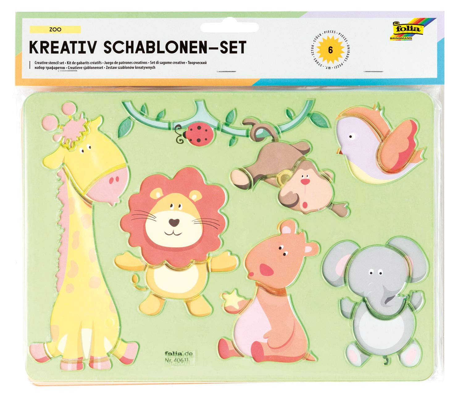 folia 40611 – Creative – Zoo Stencils, 6 Stencils Including Colouring Templates, for Painting Various Animals, Easy to Use with Colouring Pencils, Felt-Tip Pens and Markers