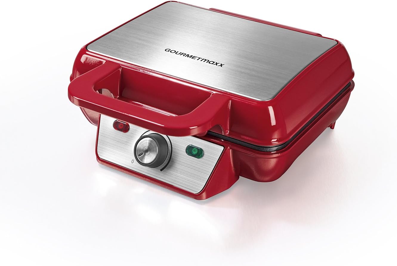 GOURTMETmaxx Waffeleisen 2 Belgische Waffeln | Einstellbarer Bräunungsgrad durch Temperaturregler, mit Cool-Touch Griffen, Antihaftbeschichtung | Edelstahl [1000 Watt/Rot]