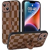 SOKAD for iPhone 14 Case with Finger Strap Kickstand, Cute Checkered Checkerboard Phone Case with Finger Hand for Women Men, Slim Full Camera Protection Shockproof Case Cover, Brown
