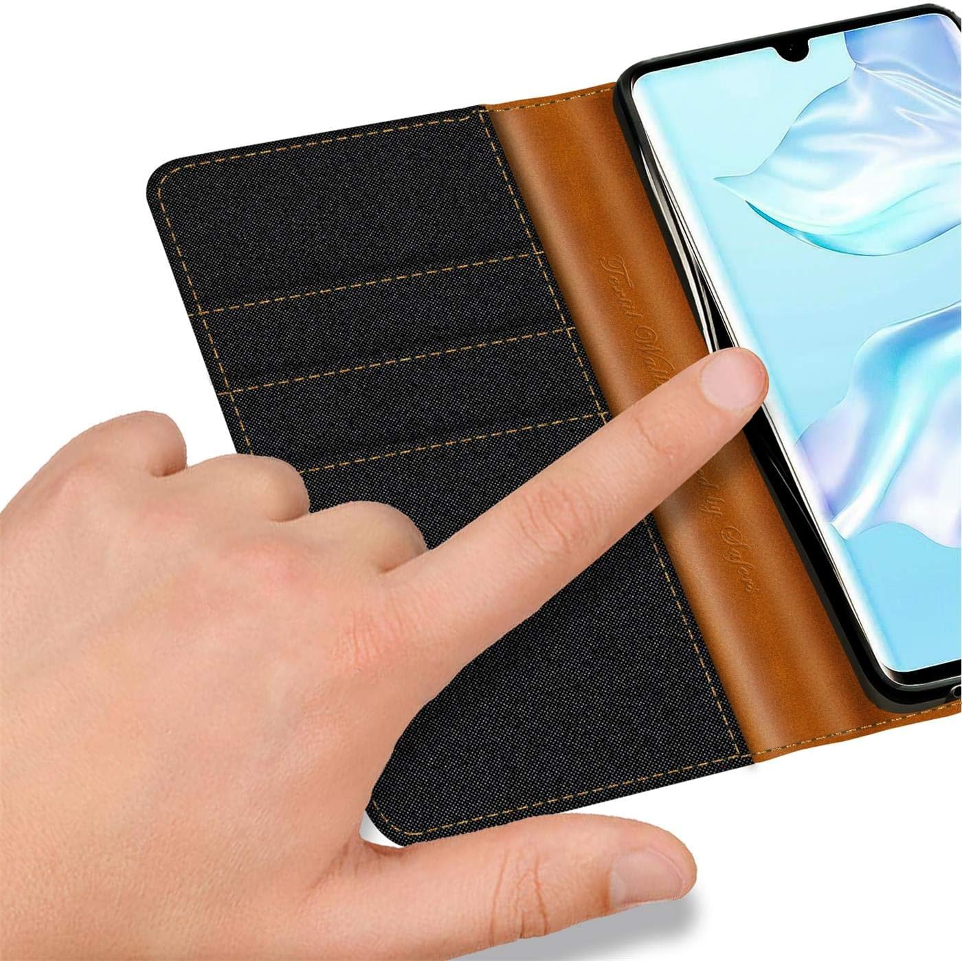 Verco Phone Wallet Case compatible with the Huawei P30, Canvas Faux Leather Book Cover for the P30 Flip Case Bag Hinged - Black - Image 4